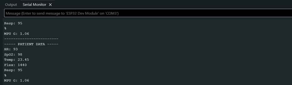 ESP32 IoT Patient Monitoring System serial monitor results showing heart rate, SpO₂, body temperature, respiratory rate, and sensor readings