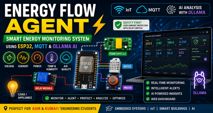 Energy Monitoring System Kuwait using ESP32, MQTT, PZEM-004T, DHT22, MQ135, relay control and Ollama AI