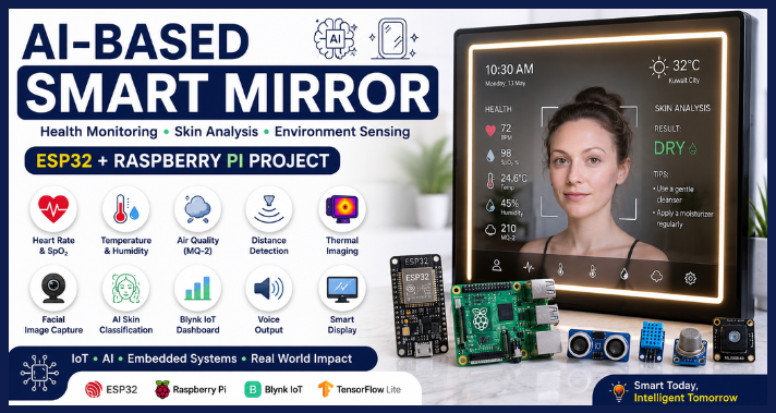 AI-based smart mirror using ESP32 and Raspberry Pi for health monitoring, skin analysis and environmental sensing