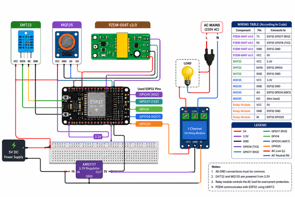 Energy Monitoring System Kuwait connection diagram using ESP32, PZEM-004T, DHT22, MQ135, relay module, power supply, AC load and wiring table