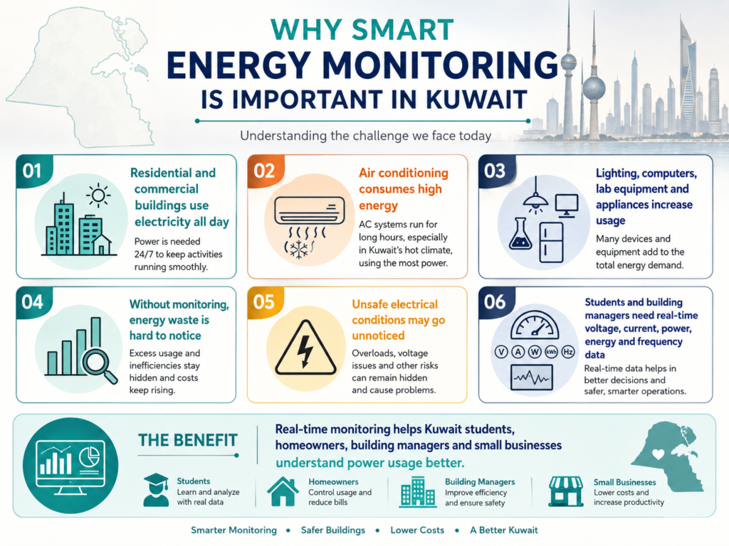 Energy Monitoring System Kuwait infographic showing electricity usage issues, air conditioning load, unsafe electrical conditions, energy waste, and real-time monitoring benefits