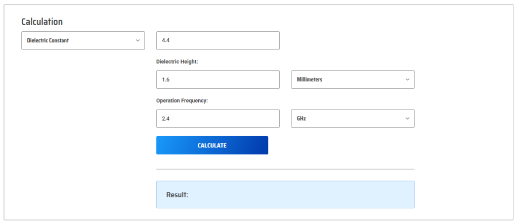 Patch antenna design calculator for dielectric and frequency