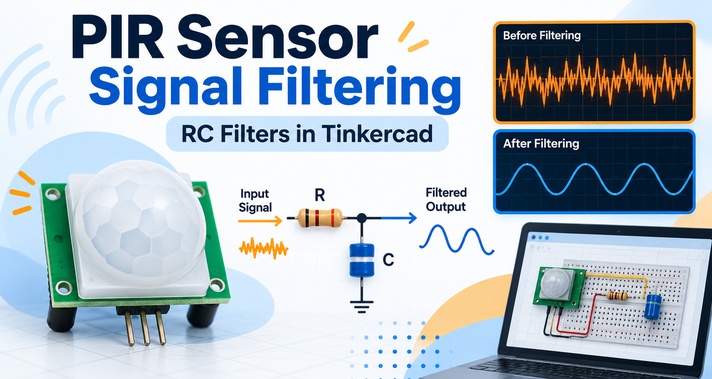PIR sensor signal filtering in Tinkercad using RC low-pass and high-pass filters