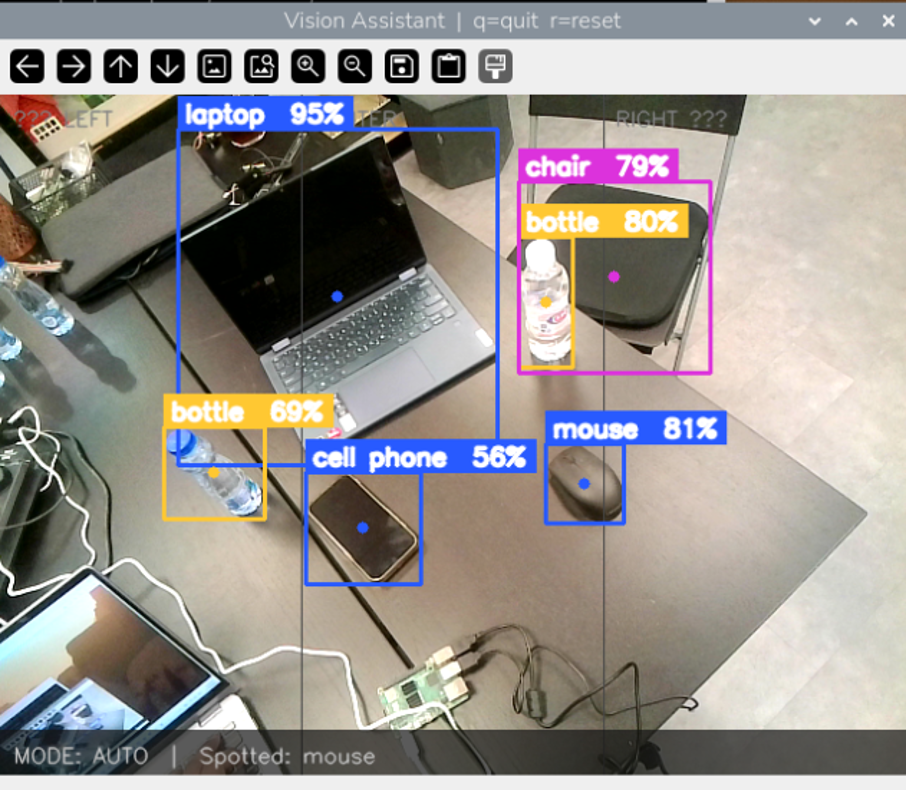 YOLO11 detecting laptop chair bottles mobile phone and mouse in real time on Raspberry Pi