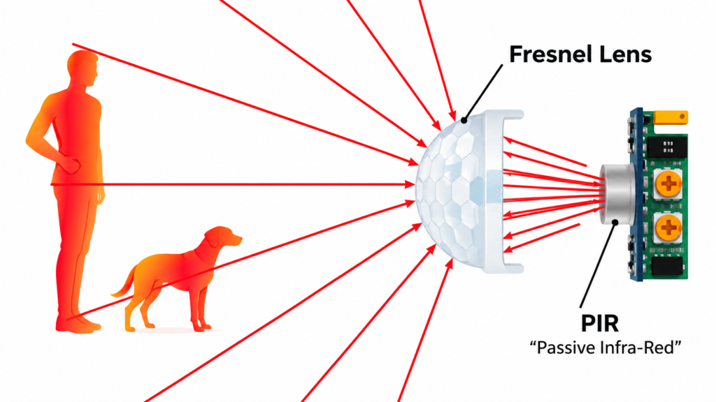 PIR motion sensor detecting human and animal infrared radiation through a Fresnel lens
