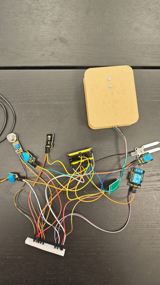 Real ESP32 plant monitoring hardware with sensors, relays, load cell, breadboard and jumper wires