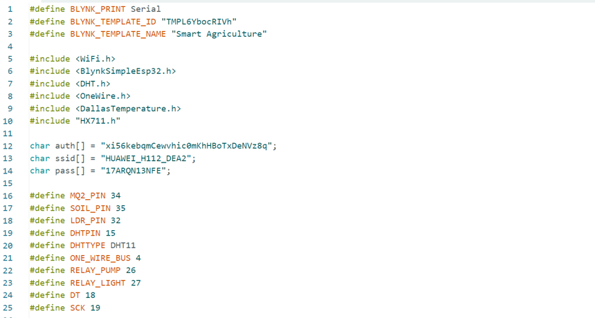 Arduino IDE ESP32 code configuring Blynk, Wi-Fi, DHT11, MQ2, soil, LDR, load cell and relays