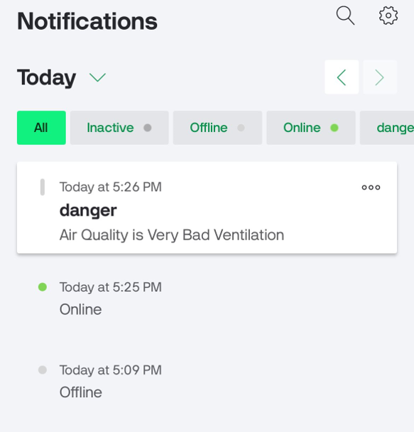 Blynk IoT notifications showing air quality danger alerts and ESP32 smart plant monitoring system status.
