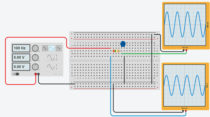 Tinkercad RC low-pass filter simulation at 100 Hz showing input and filtered output waveforms on oscilloscopes