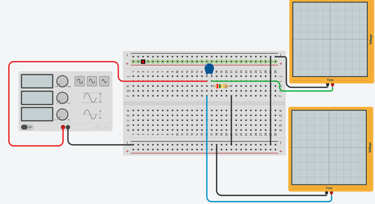 Tinkercad RC high-pass filter circuit with capacitor, resistor, function generator and input-output oscilloscopes